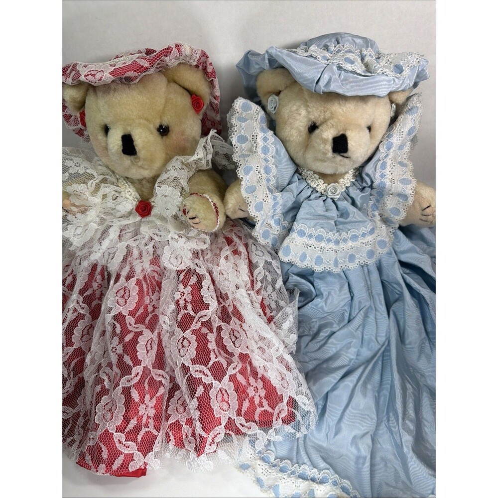 2 Vintage Bearly People Brown Plush Teddy Bear w Dress & Hat Kitschy Cottagecore